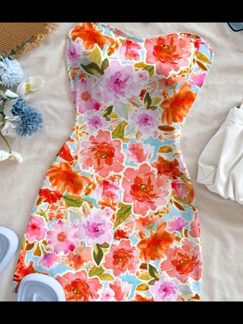 Strapless Floral Bodycon Dress - Vibrant Watercolor Bloom